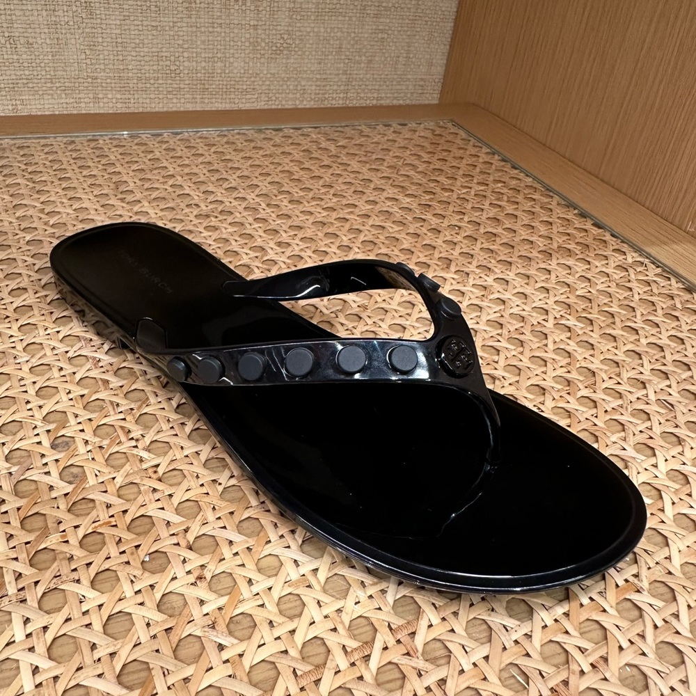 NIB Tory Burch Studded Jelly Thong Sandals Black TPU Iconic Logo Many Sizes